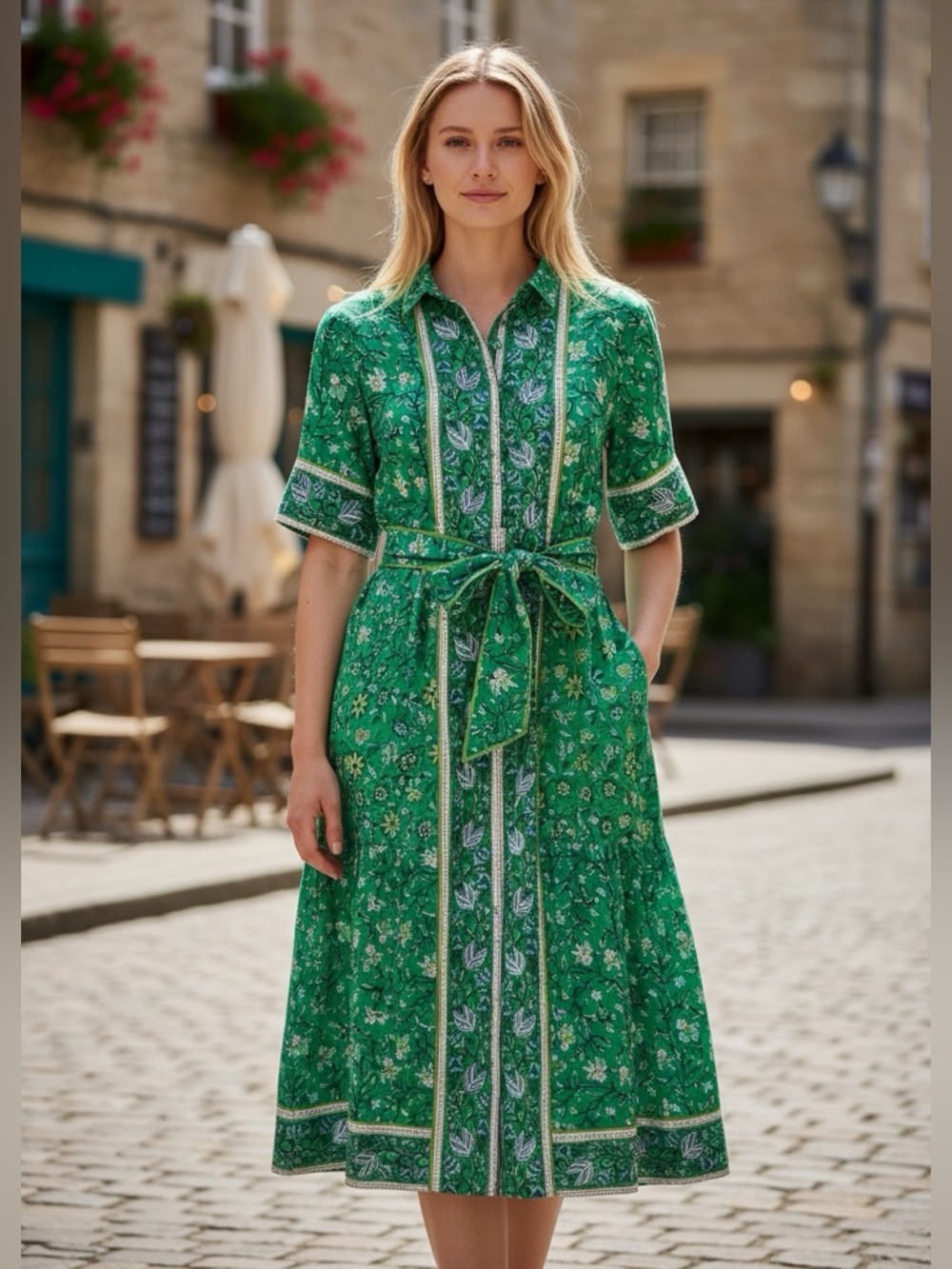 Sue Sartor L‎ maxi full length green floral print tie waist flounce kaftan